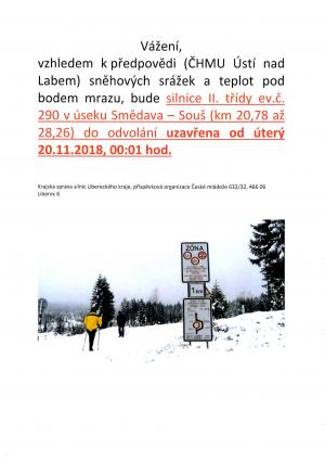 Silnice " Smědava - Souš" uzavřena od 20.11.2018