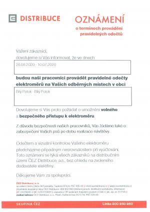Oznámení o termínech odečtu elektrické energie
